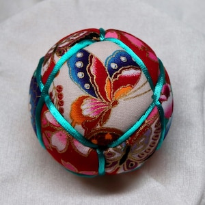 3 Inch Diameter Japanese Kimekomi Ball (Quilted Ornamental Ball), Colorful Floral Patterns with Butterflies Motif