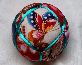 3 Inch Diameter Japanese Kimekomi Ball (Quilted Ornamental Ball), Colorful Floral Patterns with Butterflies Motif