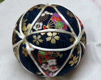 3 Inch Diameter Japanese Kimekomi Ball (Quilted Ornamental Ball), Colorful Floral Patterns with Japanese Fan Motif