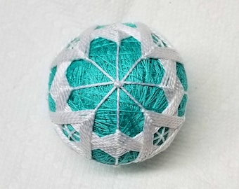 2.0 Inch Diameter Japanese Temari Ball (Embroidered Ornamental Ball),White 4 Petal Flower Pattern on Light Blue Ball