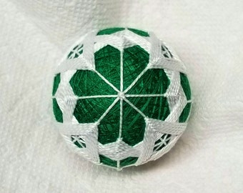 2.0 Inch Diameter Japanese Temari Ball (Embroidered Ornamental Ball),White 4 Petal Flower Pattern on Green Ball