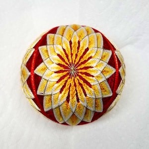 4 Inch Diameter Japanese Temari Ball (Embroidered Ornamental Ball), Elongated White Chrysanthemum Pattern on Red Ball