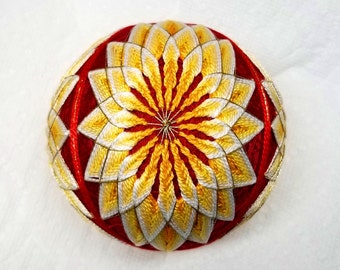 4 Inch Diameter Japanese Temari Ball (Embroidered Ornamental Ball), Elongated White Chrysanthemum Pattern on Red Ball