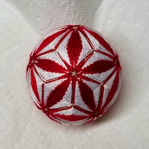 2.5 Inch Diameter Japanese Temari Ball (Embroidered Ornamental Ball), Deep Red & White Star Pattern