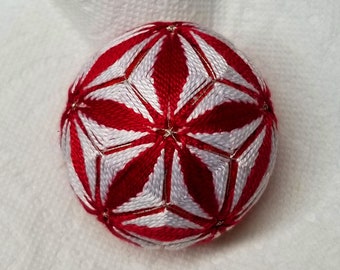 2.5 Inch Diameter Japanese Temari Ball (Embroidered Ornamental Ball), Deep Red & White Star Pattern