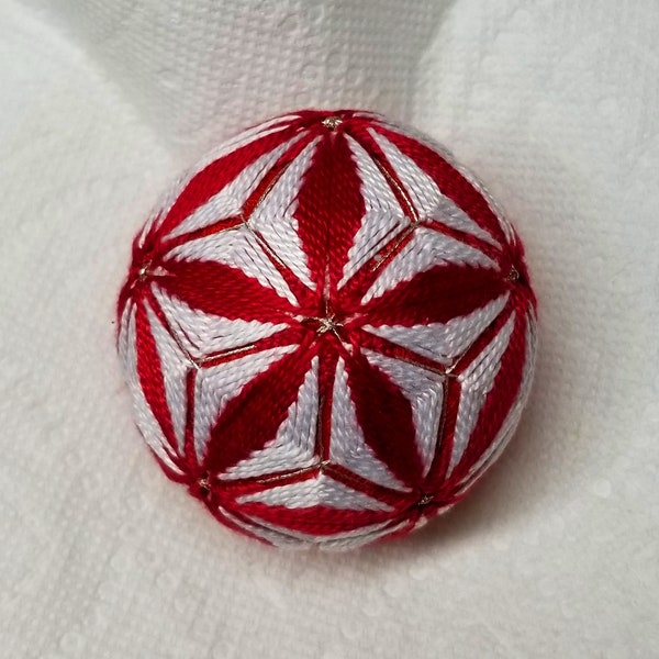 2.5 Inch Diameter Japanese Temari Ball (Embroidered Ornamental Ball), Deep Red & White Star Pattern