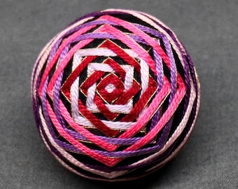 2.5 Inch Diameter Temari (Japanese Embroidered Ornamental Ball), Pink, Purple, Deep Red, White Weave Pattern