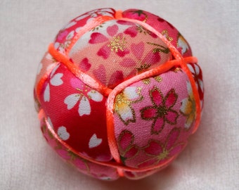 2.5 Inch Diameter Japanese Kimekomi Ball (Quilted Ornamental Ball), Pink Ball with Floral Motif