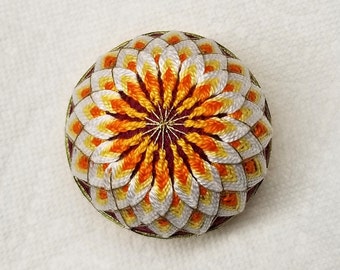 2.5 Inch Diameter Japanese Temari Ball (Embroidered Ornamental Ball), Yellow and White White Floral Pattern on Deep Red Ball