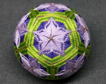 3 Inch Diameter Japanese Temari Ball (Embroidered Ornamental Ball), Purple and Green Interwoven Lavender Floral Pattern