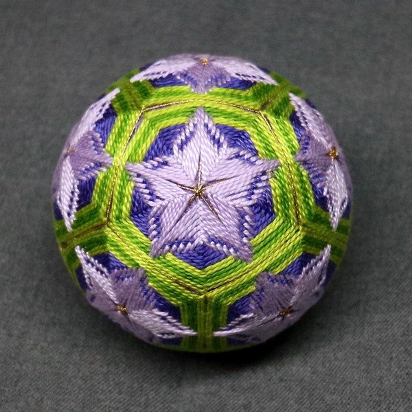 3 Inch Diameter Japanese Temari Ball (Embroidered Ornamental Ball), Purple and Green Interwoven Lavender Floral Pattern