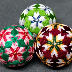 2.5 Inch Diameter Japanese Temari Ball Embroidered Ornamental Ball, White Flower Pattern with Burgundy on Green Ball image 2