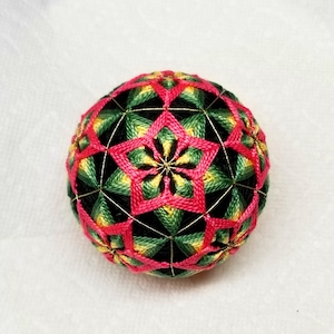 3.0 Inch Diameter Temari (Japanese Embroidered Ornamental Ball), Colored Ball (Single), Water Lily Pattern on Black Ball