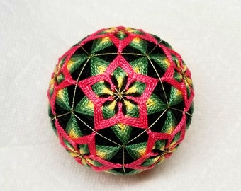 3.0 Inch Diameter Temari (Japanese Embroidered Ornamental Ball), Colored Ball (Single), Water Lily Pattern on Black Ball