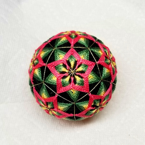 3.0 Inch Diameter Temari (Japanese Embroidered Ornamental Ball), Colored Ball (Single), Water Lily Pattern on Black Ball