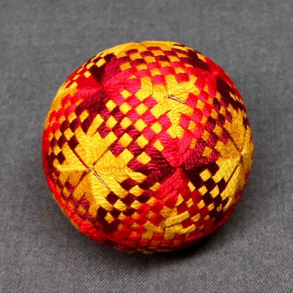 2.5 Inch Diameter Temari (Japanese Embroidered Ornamental Ball), Red, Yellow, Burgundy Weave Pattern