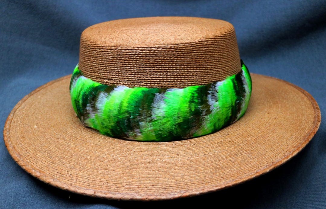 Leihulu humupapa second（green） Hawaiian Feather Lei, Hat Band Lei Hulu Humu Papa, Diag
