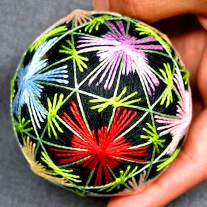 3 Inch Diameter Temari (Japanese Embroidered Ornamental Ball), Fireworks Pattern