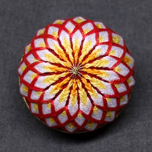 3.0 Inch Diameter Japanese Temari Ball (Embroidered Ornamental Ball), Dark Pink-Edged White Floral Pattern on Red Ball