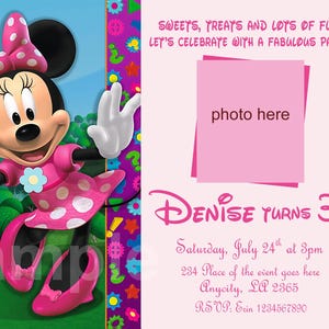 Minnie Mouse-uitnodiging. Minnie Mouse verjaardagsuitnodiging. Minnie Mouse-afdrukbare items. Minnie Mouse-feestje. Minnie Mouse. (afdrukken of delen)