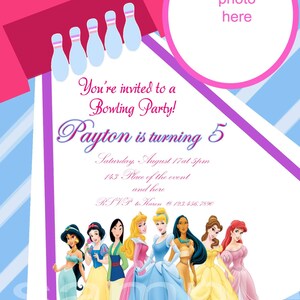 Prinzessin Bowling-Einladung. Bowling Einladung. Disney Prinzessinnen Geburtstagseinladung. Prinzessin Digitale Einladung. Prinzessin Evite. Zum Selbermachen