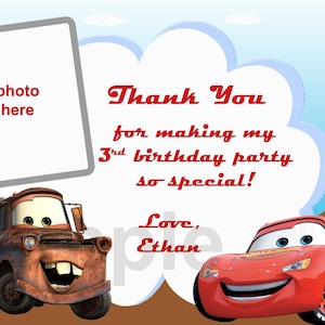 Tarjeta de agradecimiento de Disney Cars (Nota). Tarjetas digitales de agradecimiento a los coches. Imprimibles de Disney Cars. Disney Cars Gracias DIY.  (imprime)