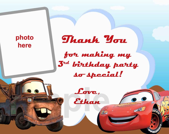 Disney Cars Thank You Card note. Cars Thank You Digital Card. Disney
