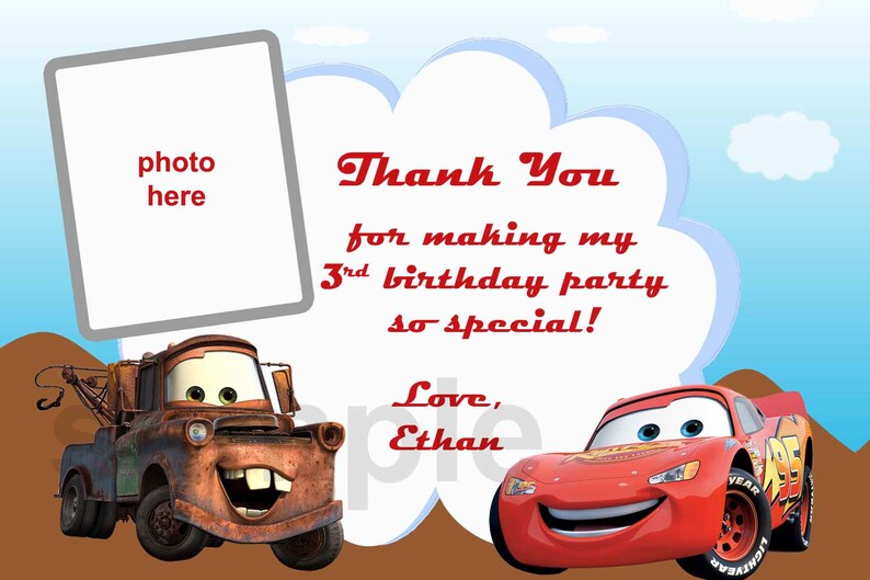 Disney Cars Thank You Card Note. Digital you print | Etsy