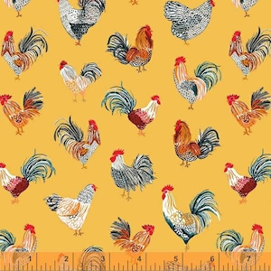 Chickens and roosters strut across a solid yellow background. Windhan Fabrics.  Free shipping