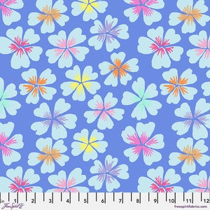 Petal in Blue by Kaffe Fassett, medium sized multi-colored flowers on a blue background.  100% cotton, FREE SHIPPING