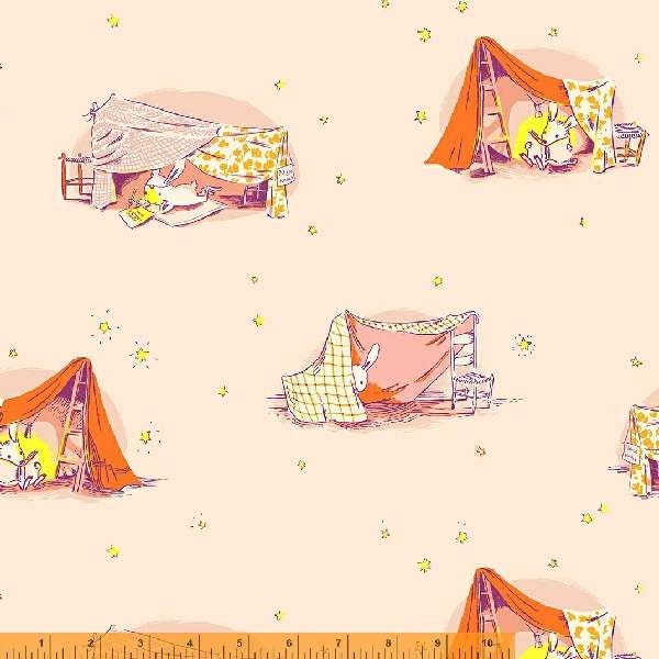 Bunnies reading in tents is such a sweet fabric for any little girl.  Oranges and pinks. Lucky Rabbits byWindham Fabrics.  Free shipping