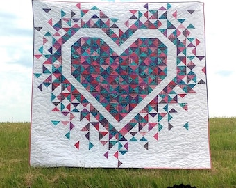 Exploding Heart Quilt Pattern, 72 inches square finished, paper printed advanced beginner. Free Shipping