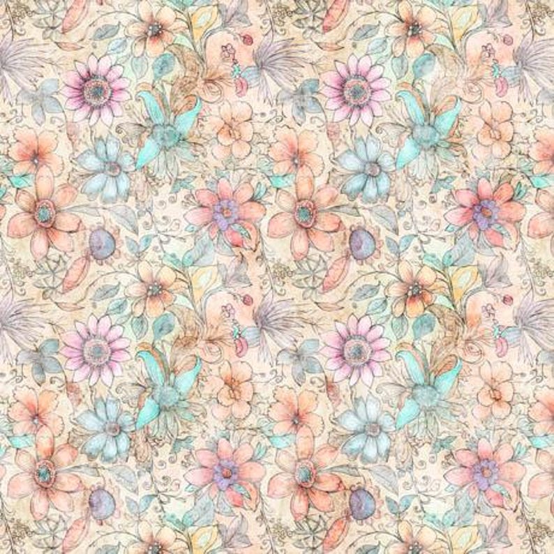 May include: A seamless pattern featuring a variety of pastel-colored flowers and floral designs on a light beige background. The flowers are drawn in a delicate, watercolor style and include roses, daisies, and other blooms.