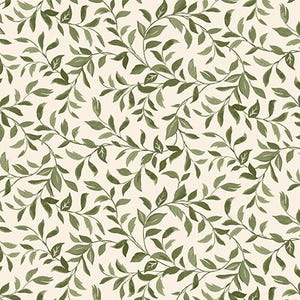 May include: A seamless pattern featuring olive green watercolor leaves and vines on a cream background. The leaves are detailed with varying shades of green, creating a natural, botanical design. This pattern is suitable for fabric, wallpaper, or other decorative applications.