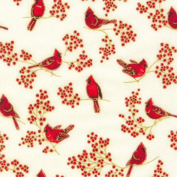 Colorful red Cardinals perched on stems ofwinterberries. These do have a touch of gold metallic. FREE SHIPPING, cotton quilting fabric