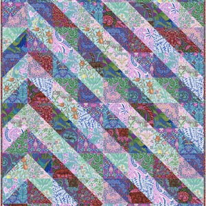 May include: A colorful patchwork quilt with a diagonal pattern. The quilt features various floral and paisley patterns in shades of blue, green, pink, and red. The quilt is made of many small, rectangular pieces of fabric sewn together.