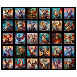 Gorgeous ferocious Dragons, a QTfabrics panel, 30 6 inch patches of dragons. 36 inches by 42 inches total. FREE SHIPPING.