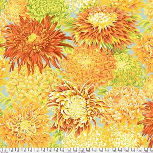 May include: A floral fabric featuring a repeating pattern of yellow, orange, and green chrysanthemums on a light blue background.