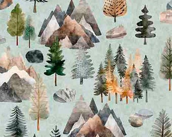 May include: Watercolor pattern featuring a repeating design of mountains, trees, and rocks in shades of brown, green, and gray on a light blue background. The design evokes a forest or woodland theme.