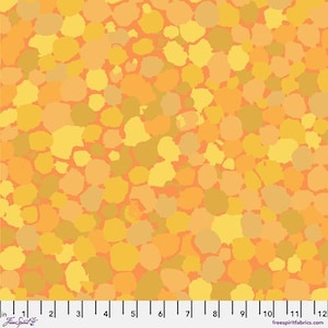 May include: A seamless fabric pattern with a repeating design of orange, yellow, and peach colored spots on a light orange background.