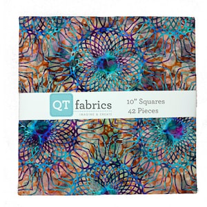 May include: A pack of 42 10-inch fabric squares featuring a colorful abstract pattern of blue, purple, and orange. The fabric squares are designed for quilting and crafting projects.  QT Fabrics Imagine & Create.