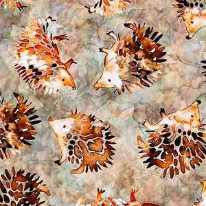 Lovable hedgehogs on a sort of sage background, from the Wild Wood collection for QT Fabrics.100%cotton, quilt shop quality. FREE SHIPPING