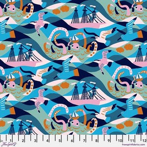 May include: A blue and green fabric with a repeating pattern of ships, seagulls, and octopuses. The pattern is set against a blue background with white waves.