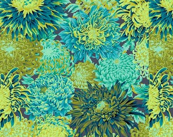 May include: A seamless fabric pattern featuring a repeating design of large, stylized chrysanthemums in shades of teal, green, and yellow on a dark gray background.