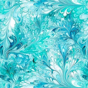 May include: A repeating pattern featuring fluid, marbled swirls in shades of turquoise, teal, aquamarine, and white. The design displays organic, feather-like shapes that flow across the surface, creating a dynamic and intricate visual texture.