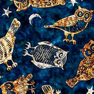 Owls of all kinds on a dark blue background, from the Wild Wood collection for QT Fabrics.100%cotton, quilt shop quality. FREE SHIPPING