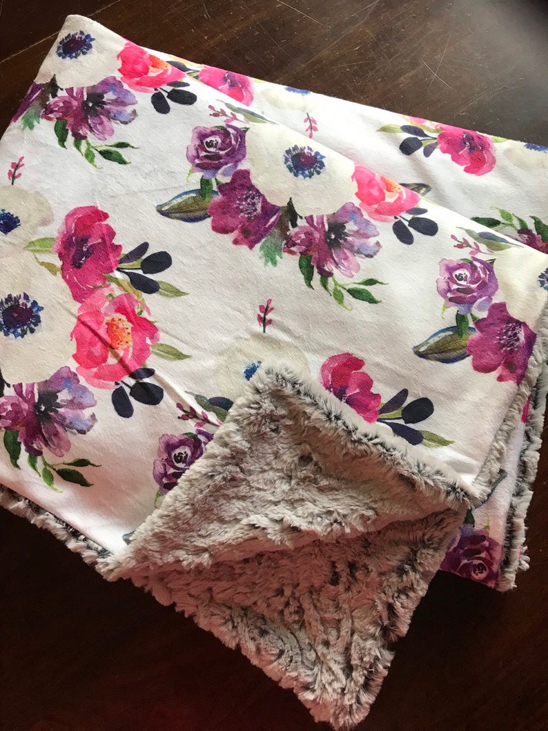 Watercolor floral blanket / Faux fur minky blanket / Pink and Etsy