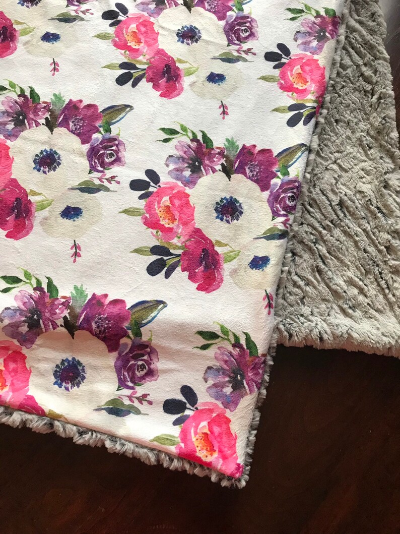Watercolor floral blanket / Faux fur minky blanket / Pink and Etsy