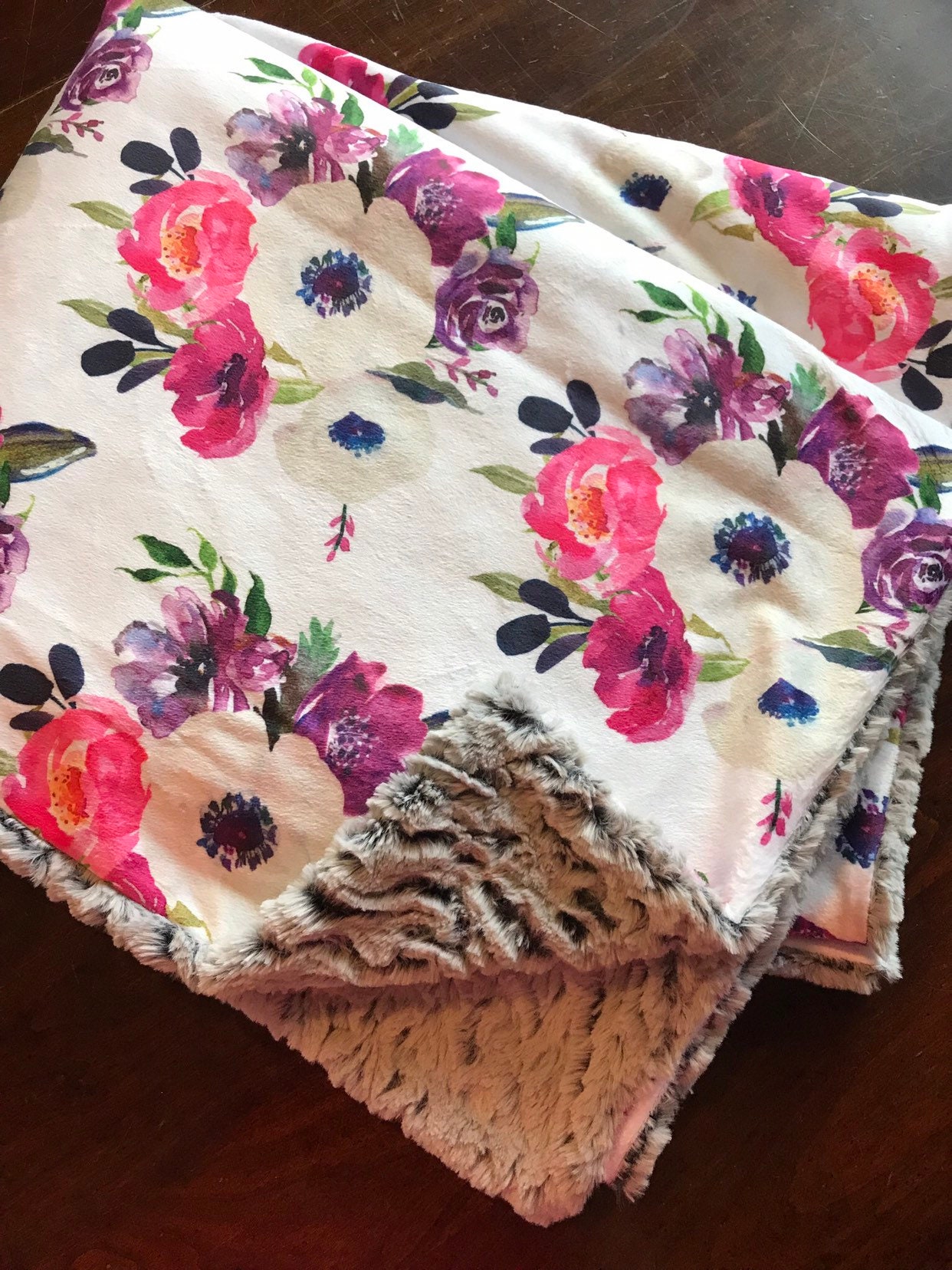 Watercolor floral blanket / Faux fur minky blanket / Pink and Etsy