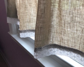 Kitchen curtains , Linen Curtains , Natural linen with Crochet Lace Curtains, Linen Valances.